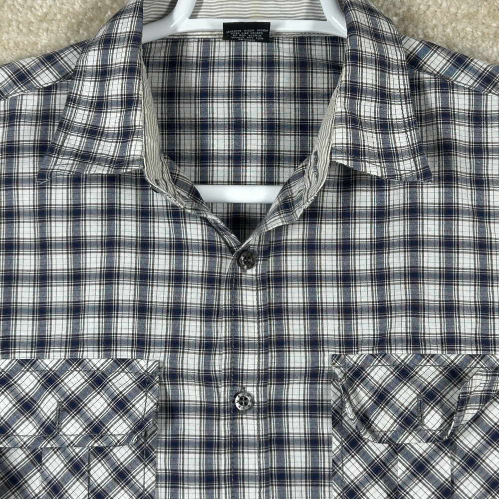 Vese Mens Gorpcore Plaid Roll Tab Sleeve Button Down Shirt Blue White Brown M
